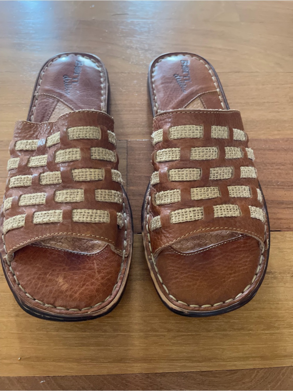 Born Brown Leather Slide Sandals with Beige Woven Insets